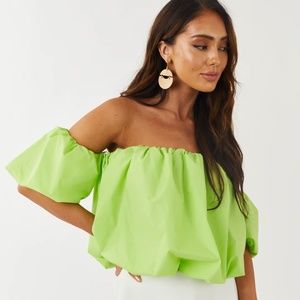 NWT BiBi Size Large Lime Green Puff Sleeve Off Shoulder Bubble Cropped Blouse